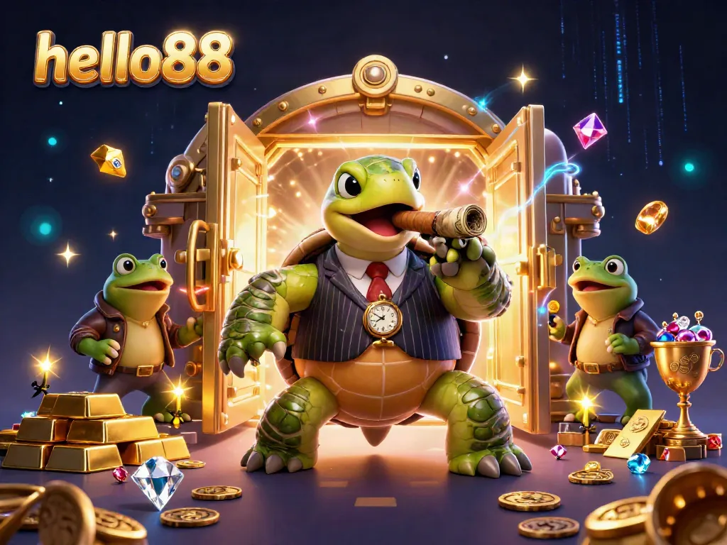 hello88 features a cartoon turtle in a vintage suit surrounded by dazzling casino riches.