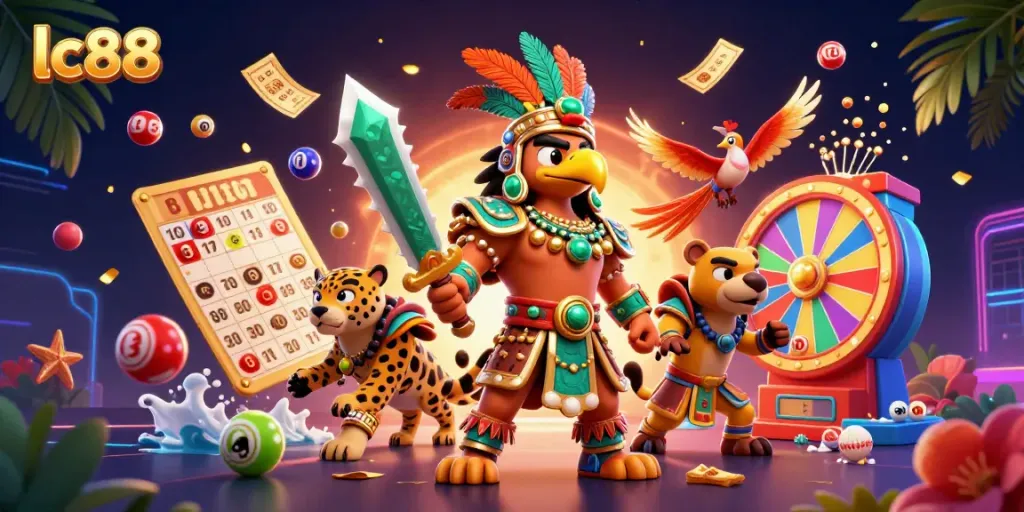 Experience dynamic games with lc88, featuring colorful balls, a vibrant casino scene, and Aztec warriors.