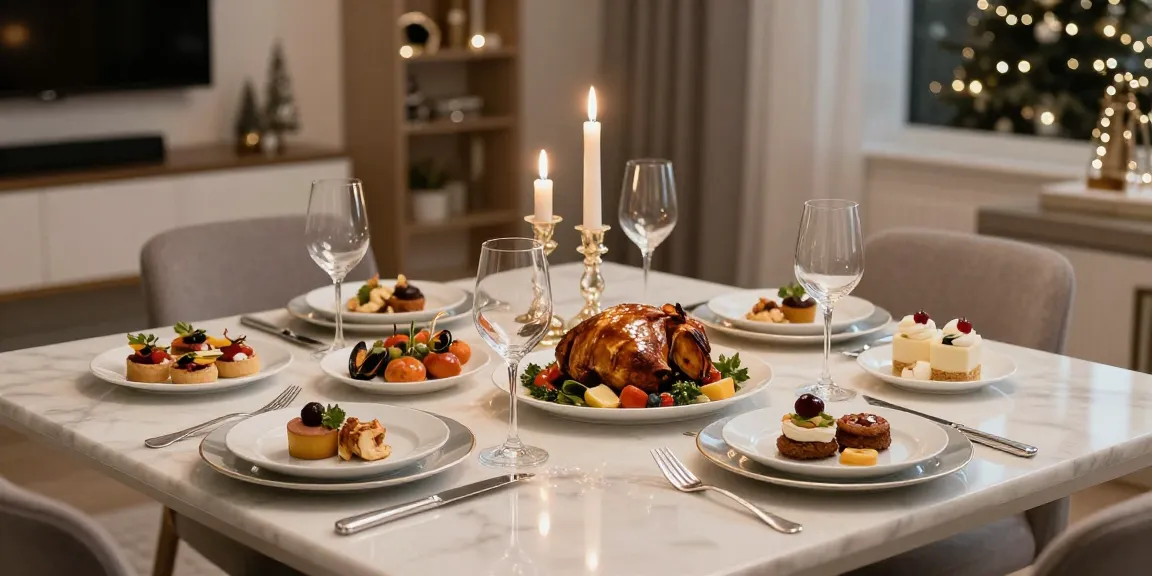 Nyårsmeny med festligt dukat bord och läckra rätter.