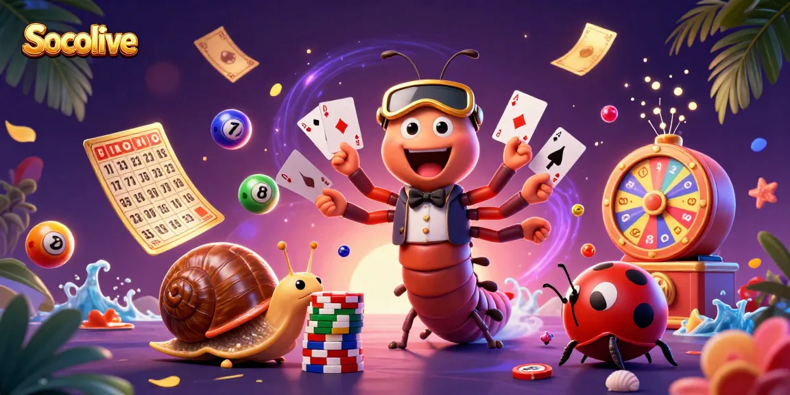 Socolive engagingly showcases a 3D millipede dealer with playing cards amid a vibrant casino scene.