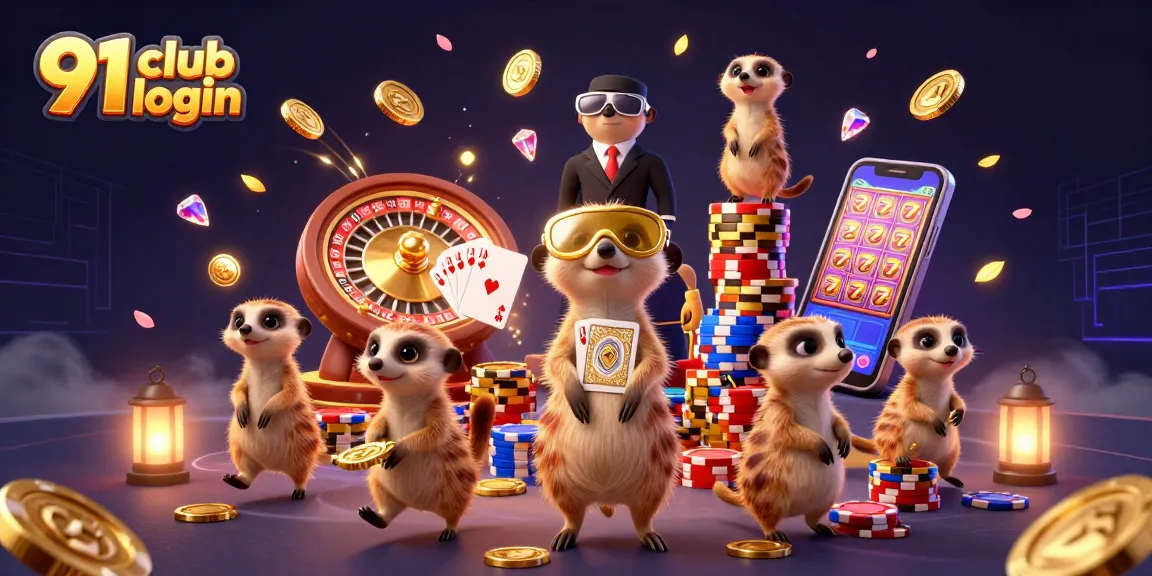 Engage with the excitement of 91 club login, featuring lively meerkats in a bustling casino atmosphere.