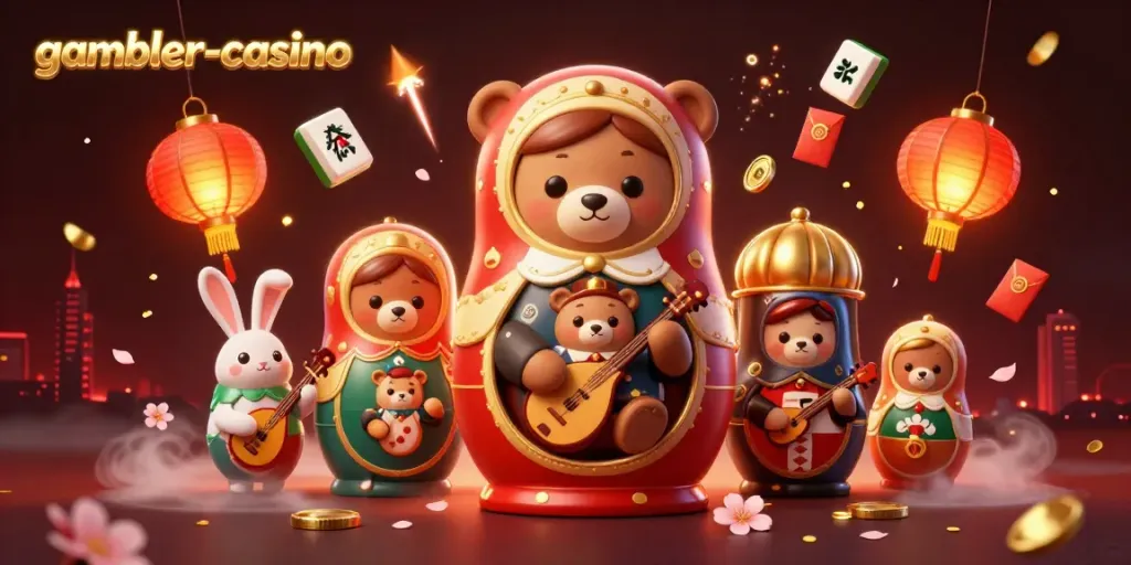 Spela på gambler-casino med en animation av en rysk Matryoshka-björn och lanternor.