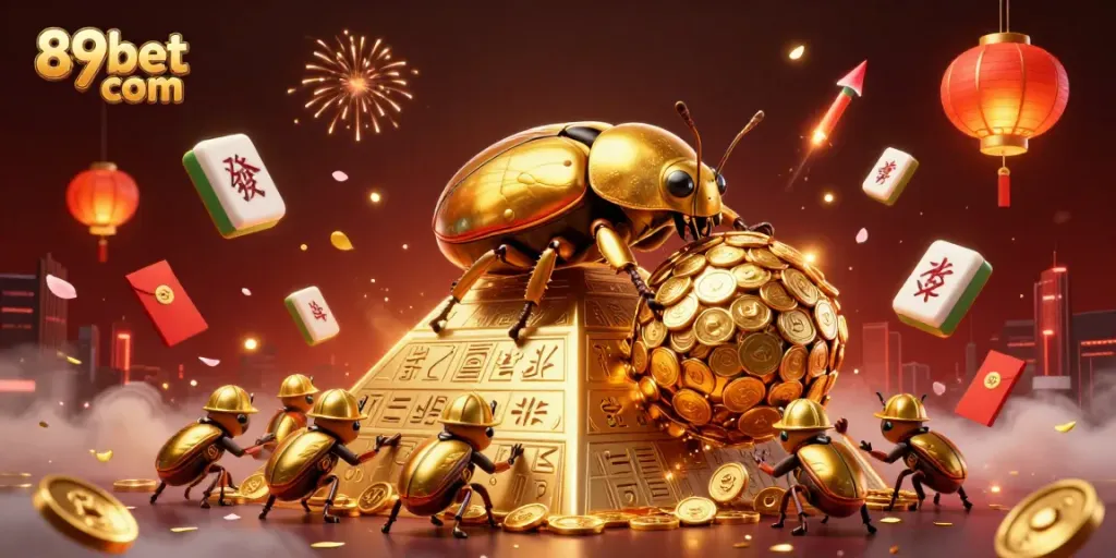 Spin and win with 89bet com in a vibrant casino-themed scene filled with gold coins and festive elements.