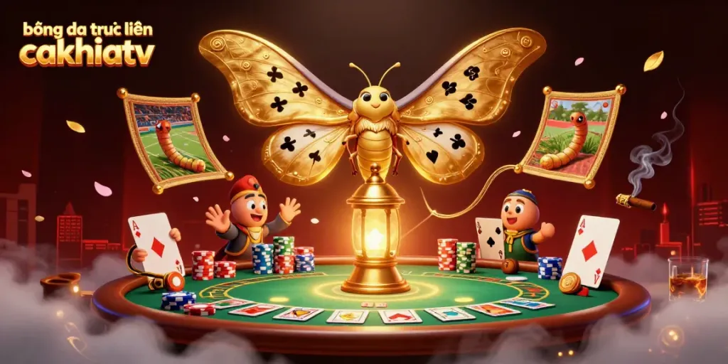 Bet on bóng đá trực tuyến cakhiatv with a vibrant illustration showcasing poker and sports betting elements.