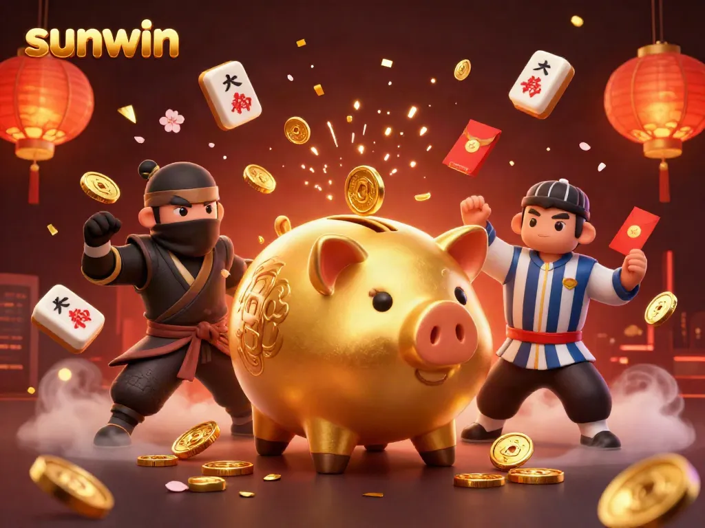 Engage with sunwin’s vibrant gaming scene, showcasing dynamic casino elements and characters in a festive atmosphere.