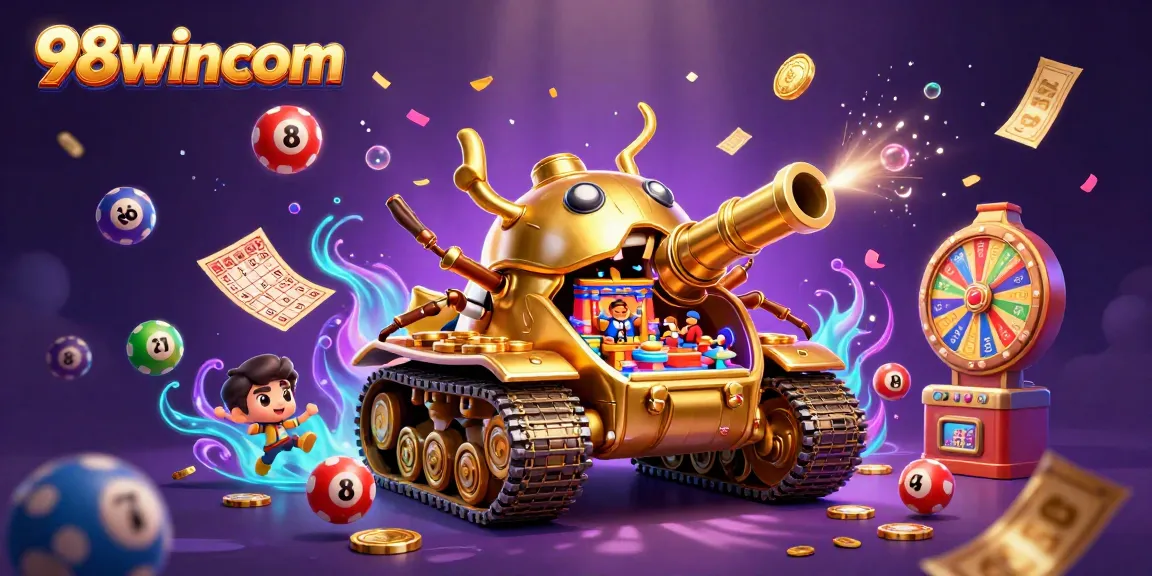Experience the thrill of 98wincom in a lively casino scene with golden beetle tank and lottery chaos.