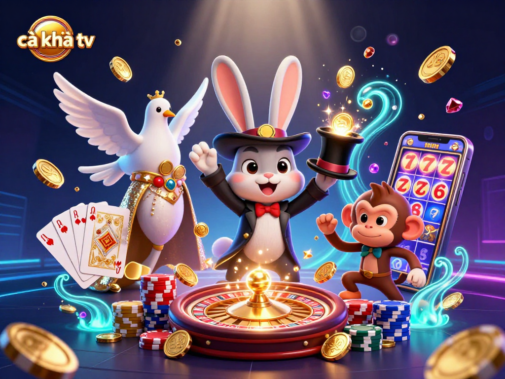 Cà khịa tv showcases a magical gambling scene with a rabbit, dove, and monkey amidst vibrant casino elements.