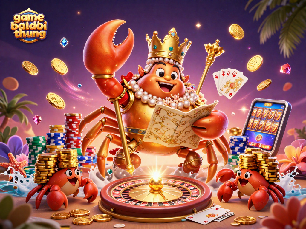 Experience the excitement of game bai doi thuong with a vibrant casino scene featuring a regal crab emperor.