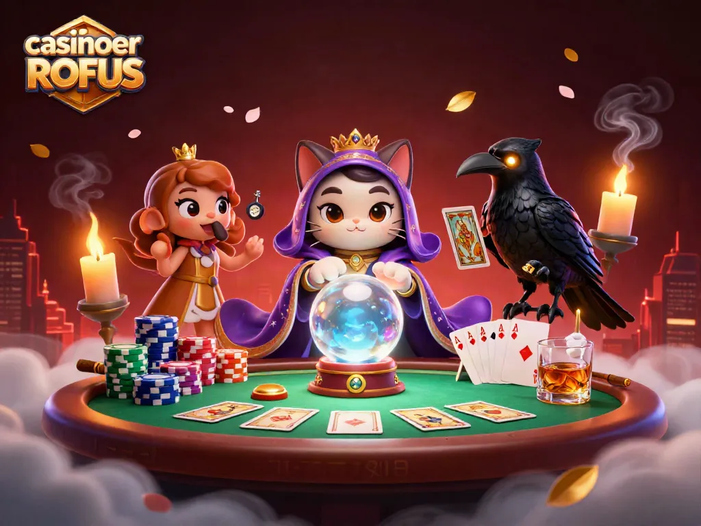 Engage with casinoer uden ROFUS through a mystical scene with a fortune teller and poker elements.