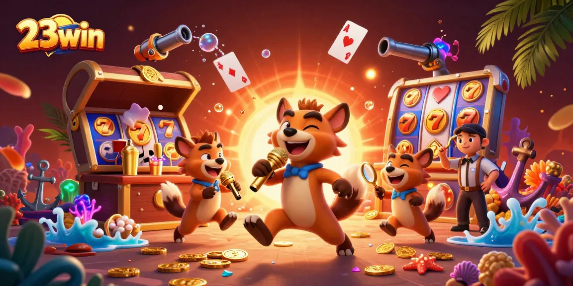 Engage in the vibrant world of 23win with animated hyenas at a lively comedy casino scene featuring games and fun.