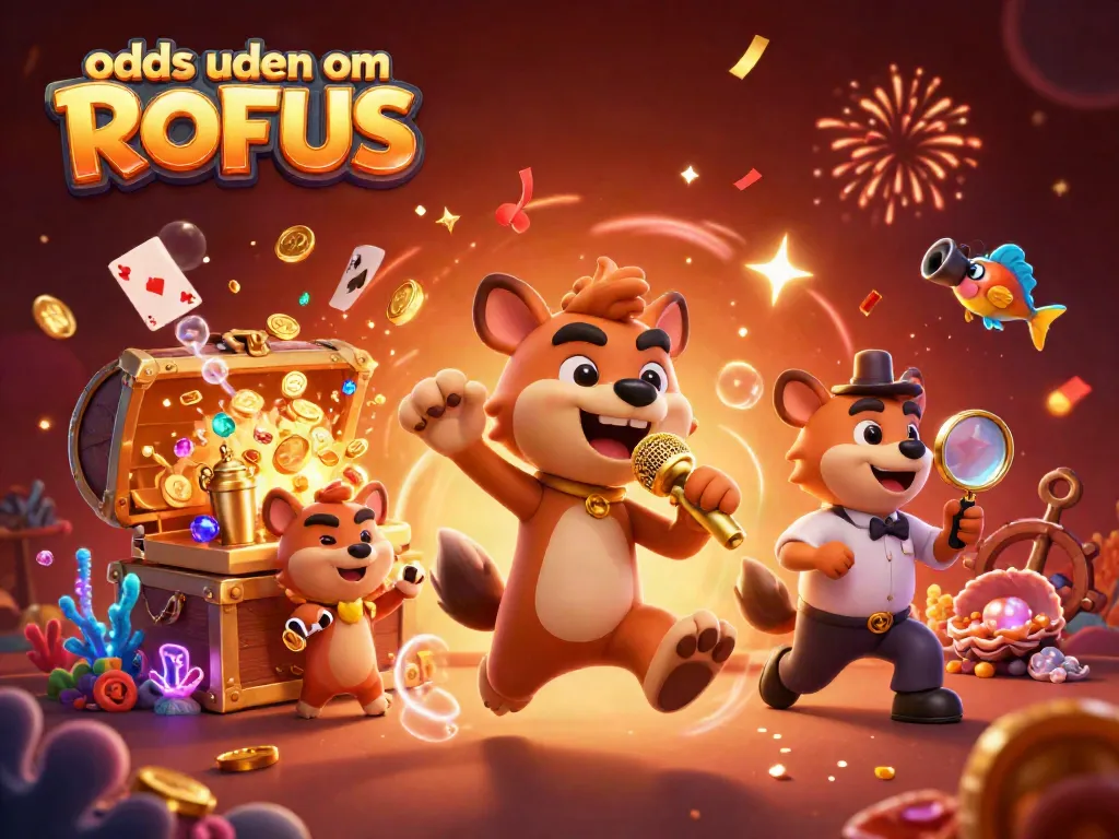 Engage with odds uden om ROFUS in a vibrant 3D cartoon scene filled with energetic casino characters.