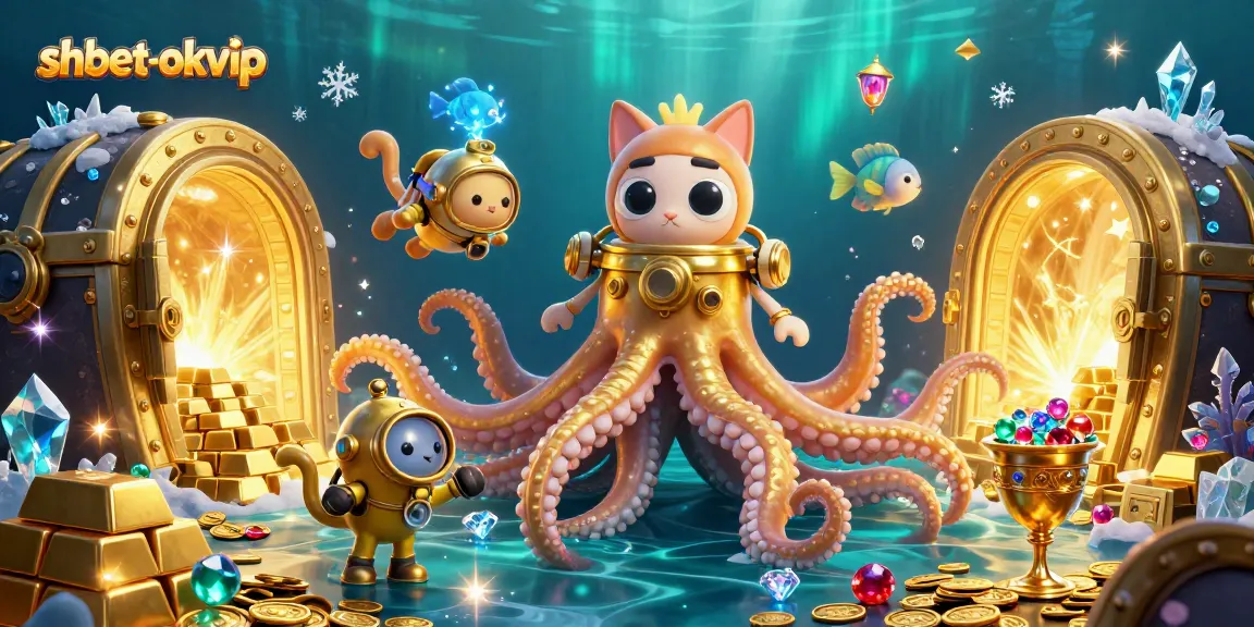 Immerse in the excitement of shbet-okvip with a treasures-filled scene featuring a kraken, diving cat, and deep-sea fish.