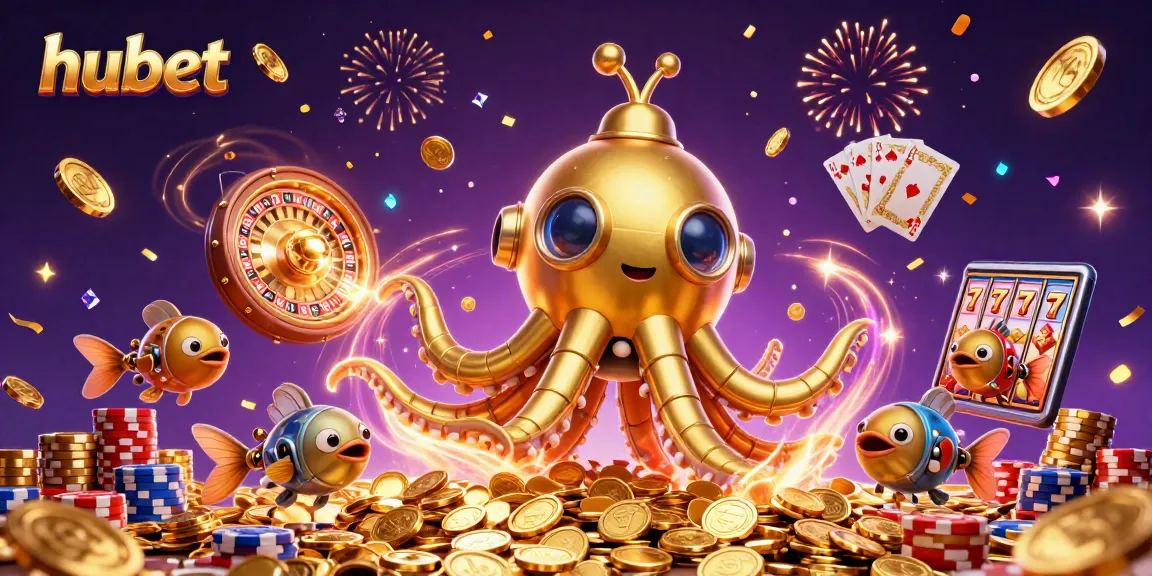 Experience the thrill of hubet with golden kraken submarine amidst cascading coins and gems.