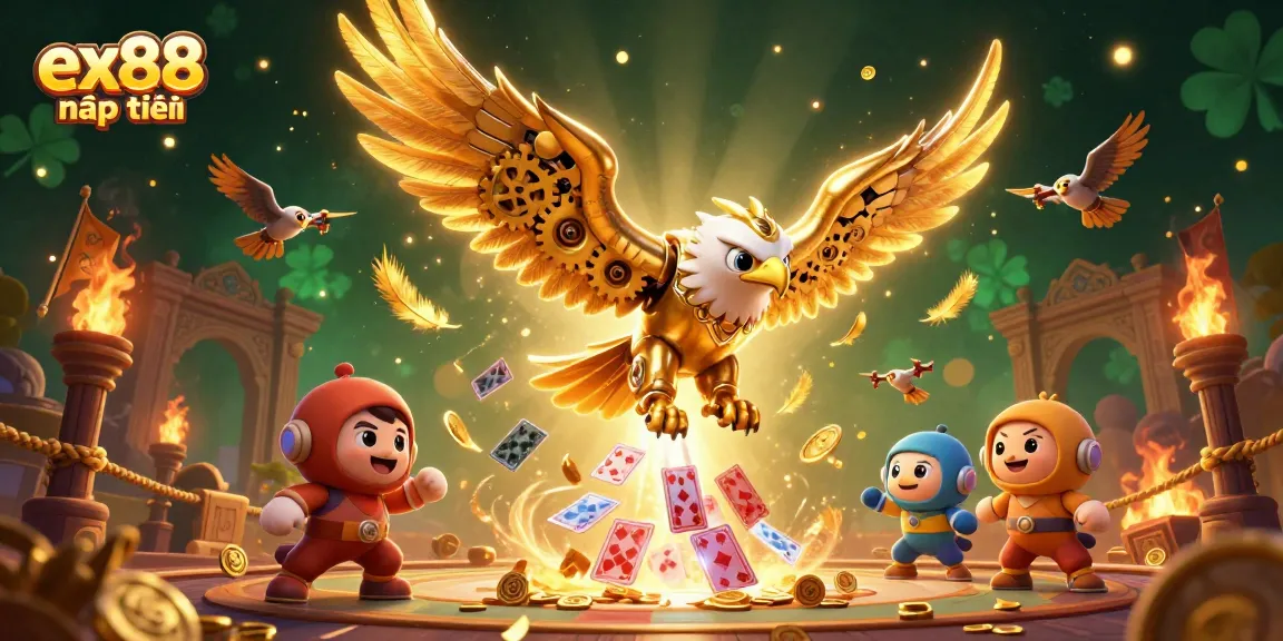 Experience ex88 nạp tiền with our vibrant, animated scene showcasing golden eagle, holographic cards, and dynamic casino elements.