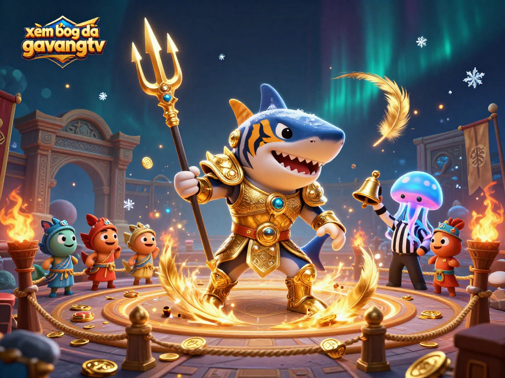 xem bóng đá gavangtv showcases an underwater scene with a tiger shark and fish cheering in a vibrant colosseum