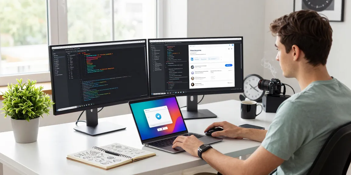 Download Telegram app interface showcased in a modern tech workspace with multiple monitors and a vibrant developer setup.