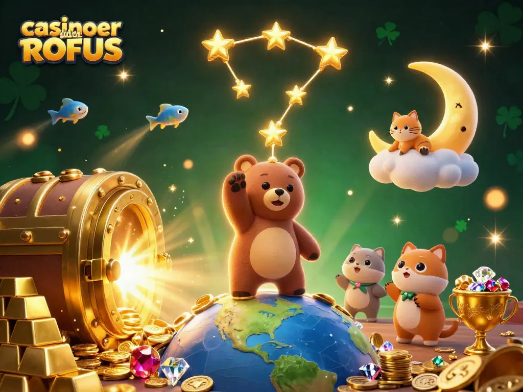 Experience excitement at casinoer uden ROFUS with a vibrant 3D digital illustration showcasing a constellation bear gathering coins among treasures.