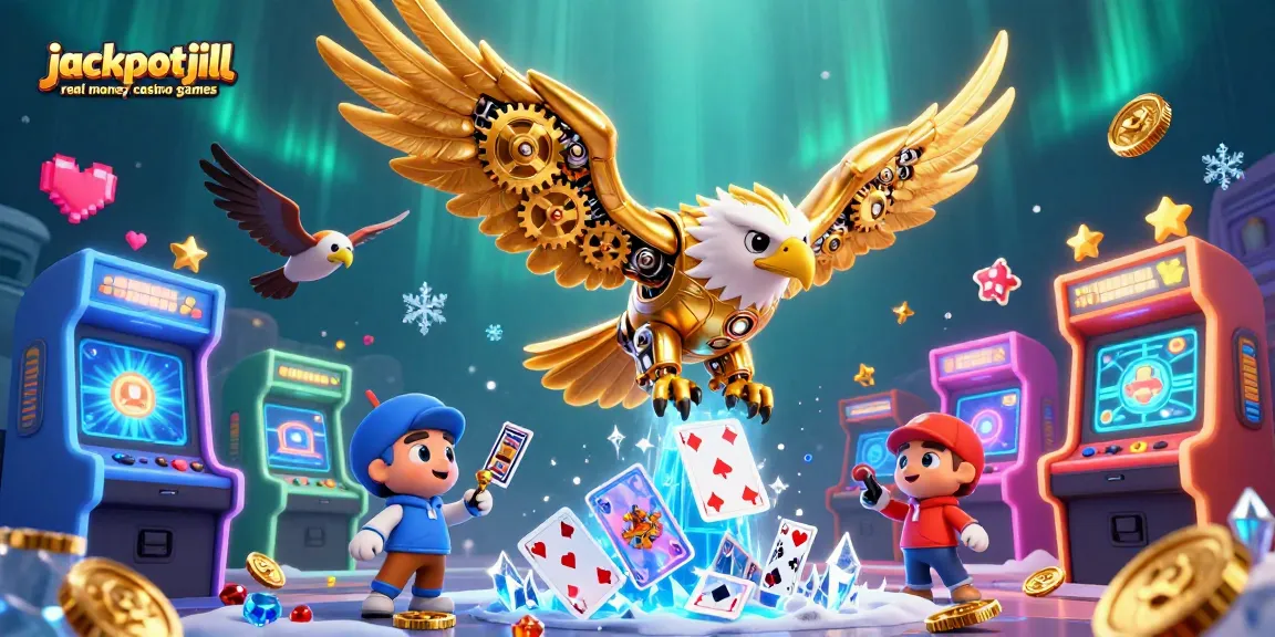 Experience jackpotjill real money casino games with a dynamic 3D illustration of a golden eagle diving through cards.