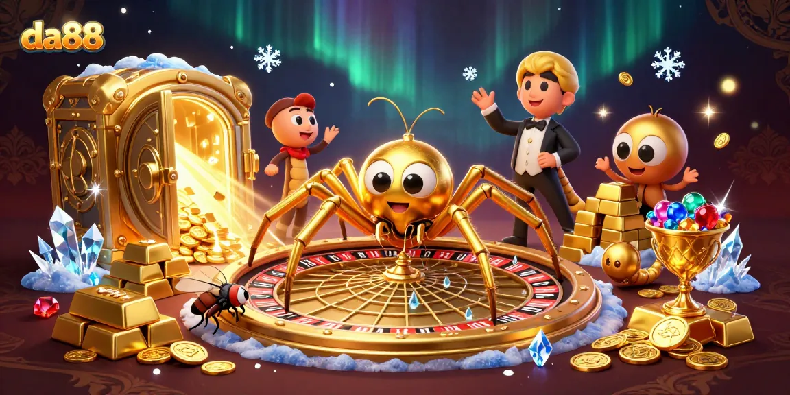 Engage in thrilling gameplay at da88 with a golden spider and roulette web in a vibrant casino scene.