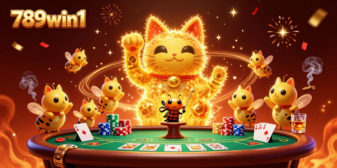 Win big with 789win1, featuring golden fireflies and vibrant casino elements in this digital illustration.