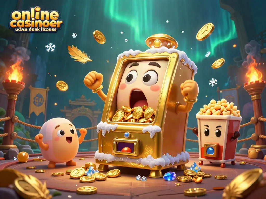 Engage with online casinoer uden dansk licens featuring a golden slot machine hitting a jackpot.