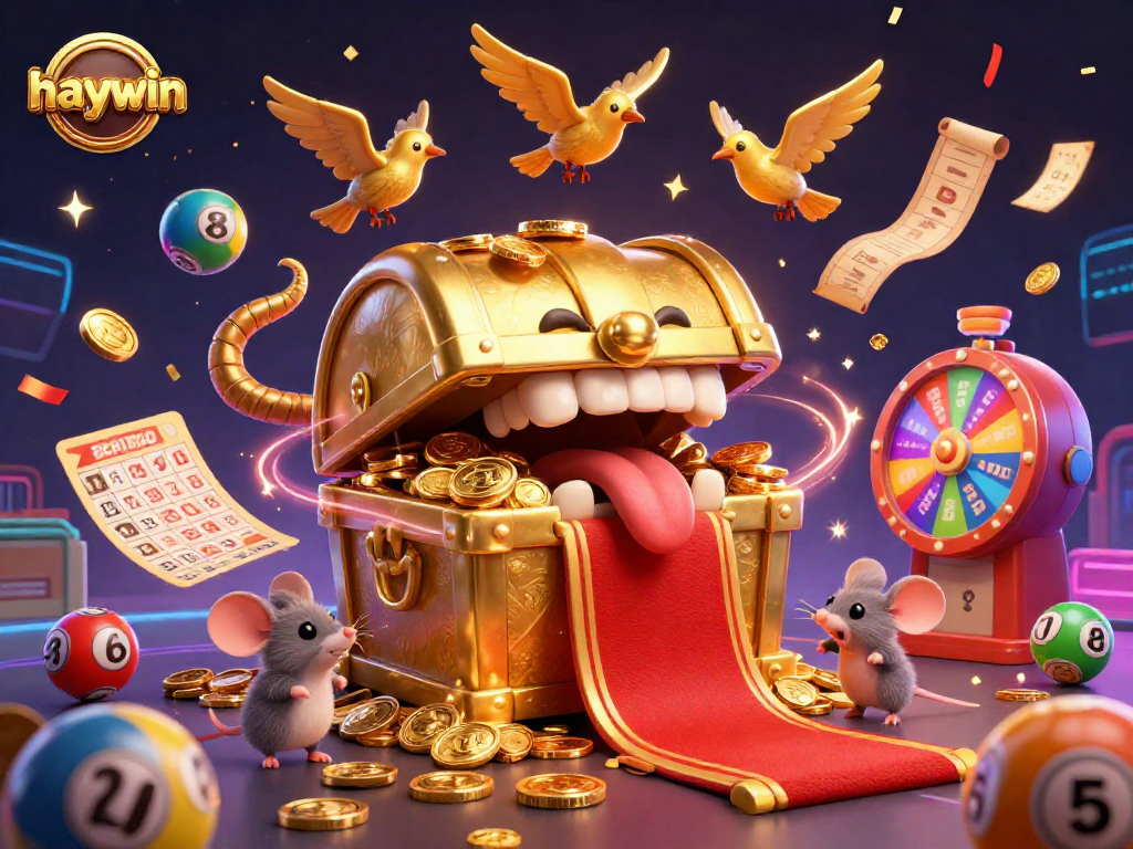 Engage in the thrilling haywin experience as cheerful adventurer mice approach a golden treasure chest with prizes.