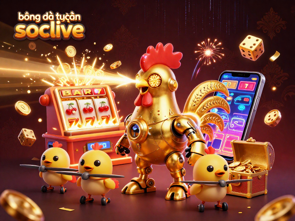 bóng đá trực tuyến socolive shows a golden rooster robot and drones celebrating a jackpot explosion.