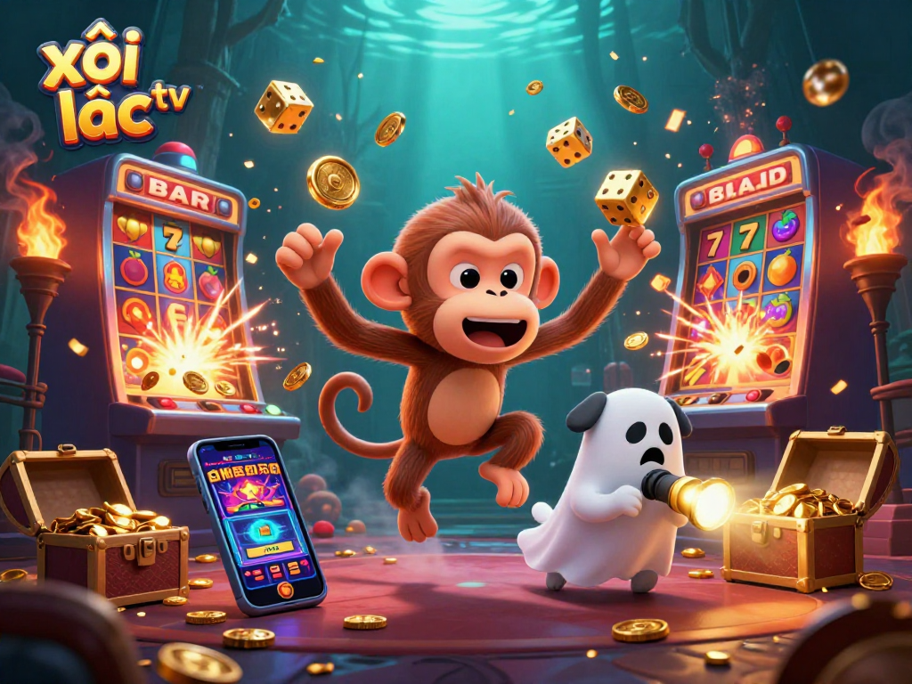 Engaging scene of xôi lạc tv, showcasing a playful poltergeist monkey and ghost-hunter puppy amidst thrilling casino action.