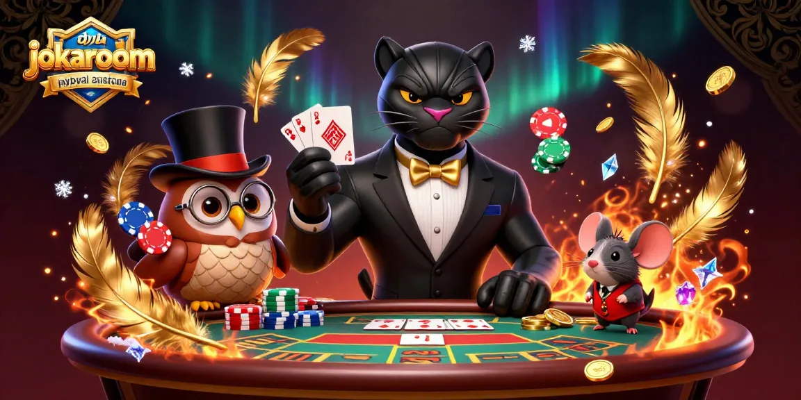 Engaging illustration of jokaroom paypal casinos australia showcasing a stylish black panther and charming owl at a poker table.