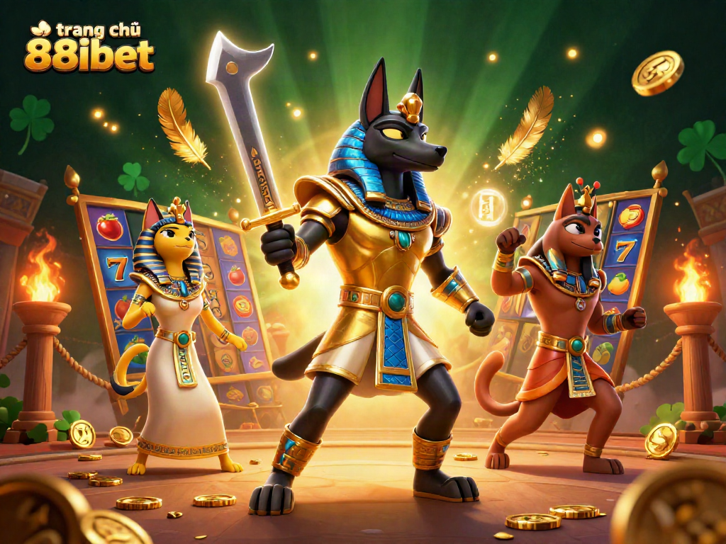 Engage with the thrilling world of trang chủ 88ibet featuring Anubis and Bastet in a dynamic casino scene with slot elements.